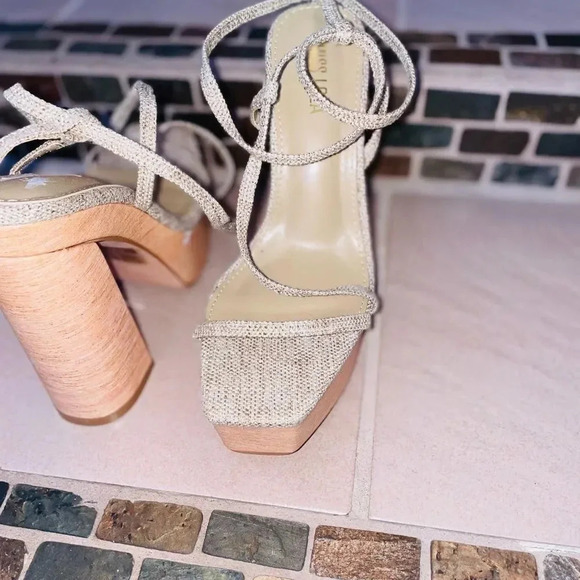 - MMISS LOLA SUNWEAR PARADISE NUDE LINEN STRAPPY BLOCK HEELS SIZE 9 - Picture 15 of 15